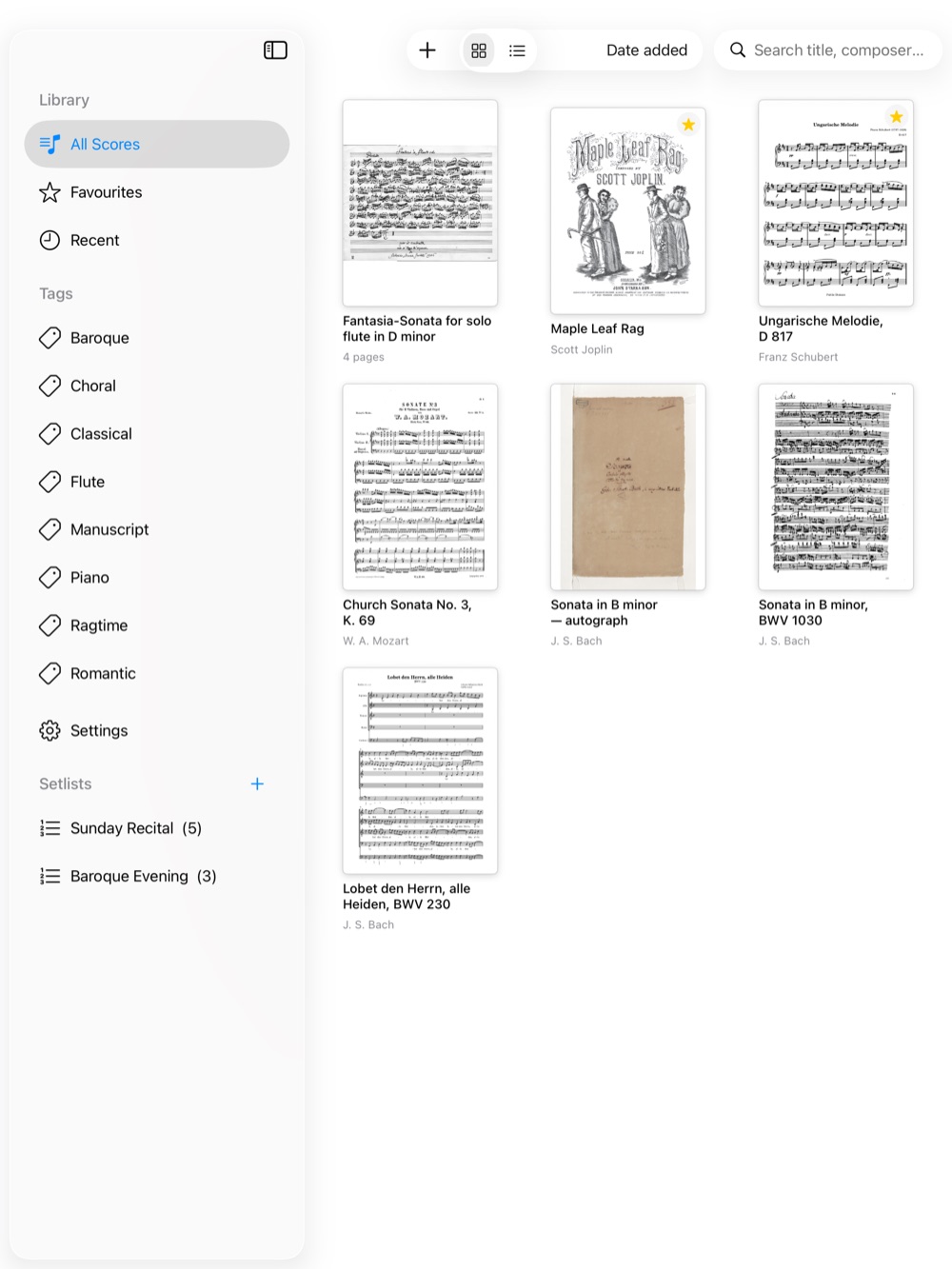 The StageScore library on iPad: scores shown as cover thumbnails with composer names, a sidebar of tags for Baroque, Choral, Piano and Ragtime, two setlists, and a search field for title or composer.